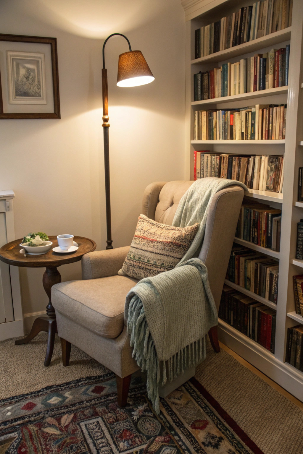 Calm reading corner with soft lighting for evening relaxation